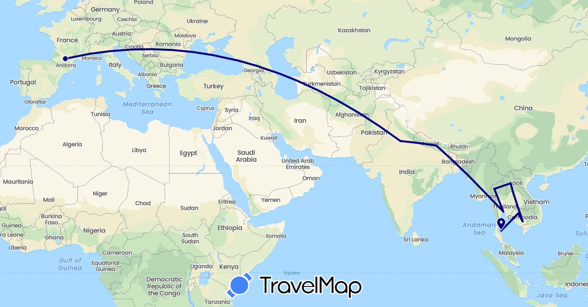 TravelMap itinerary: driving in France, India, Cambodia, Laos, Nepal, Thailand (Asia, Europe)